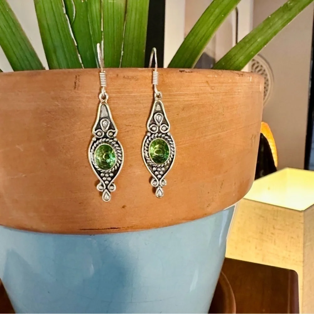 Green Amethyst and 925 Sterling Silver Dangle Drop Earrings